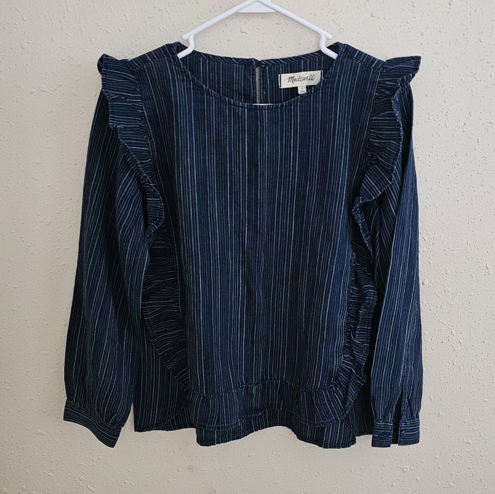 Madewell Ruffle Striped Long Sleeve Top Blouse